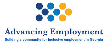 Advancing Employment Logo with 9 dots in a chevron pattern - 3 dark blue, 3 bright blue, 3 yellow, and underneath in dark blue the words “Advancing Employment" and under that in bright blue ”Building a community for inclusive employment in Georgia”