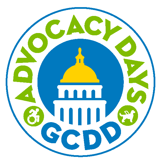 Advocacy Days logo is a circle with the center a graphic of the capitol with a yellow dome surrounded by the words “Advocacy Days” in green at the top and "GCDD" in blue at the bottom with 2 green circles, the accessible logo and a service dog
