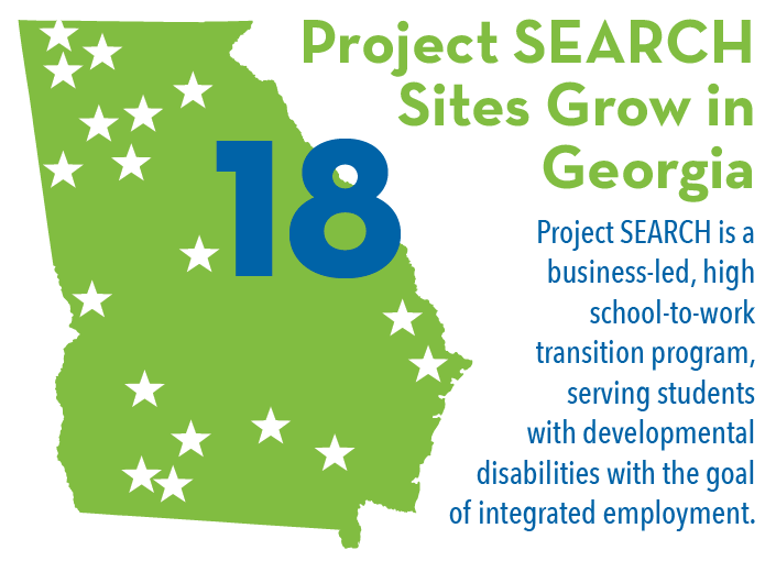 18 Project SEARCH sites grow in Georgia - Project SEARCH is an business-le, high schoo-to-work transition program, serving students with DD with the goal of integrated employment