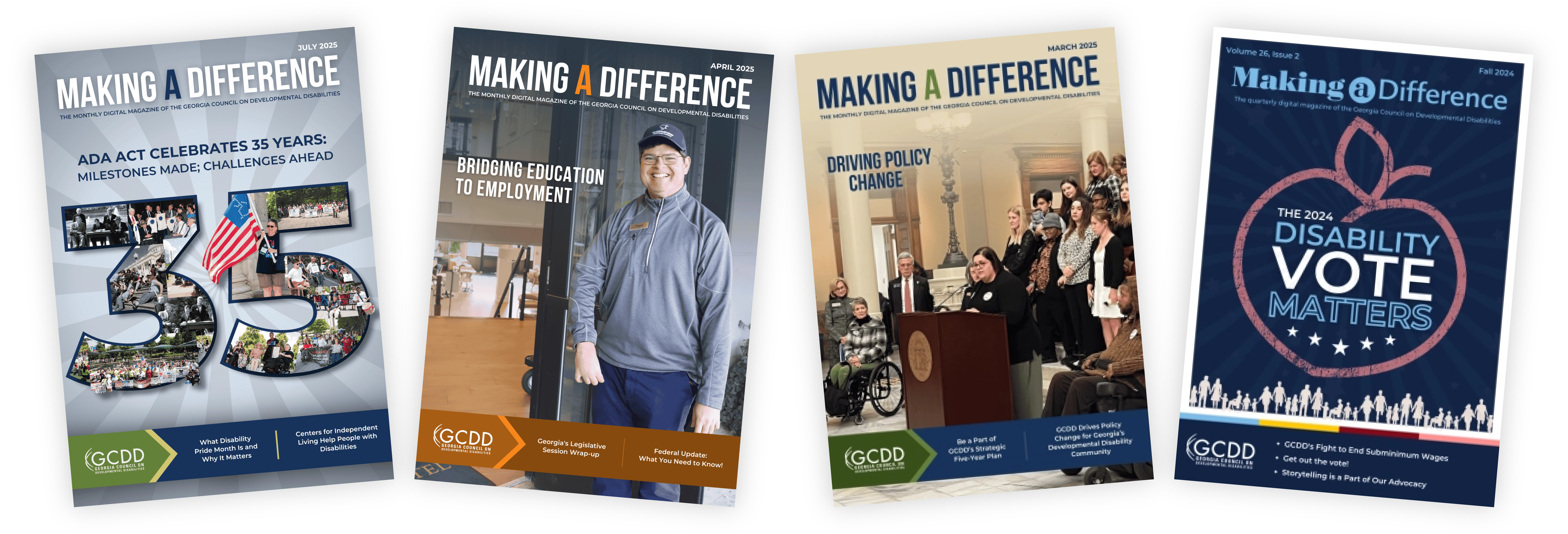 Four magazine covers titled "Making a Difference" featuring themes like community impact, job creation, public policy, and disability voting.