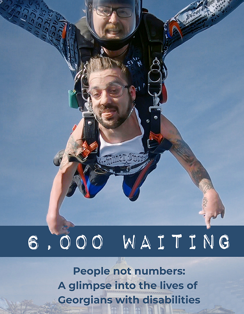 Poster promoting the film, 6000 Waiting, shows Ben Oxley, a person with developmental disabilities, skydiving 