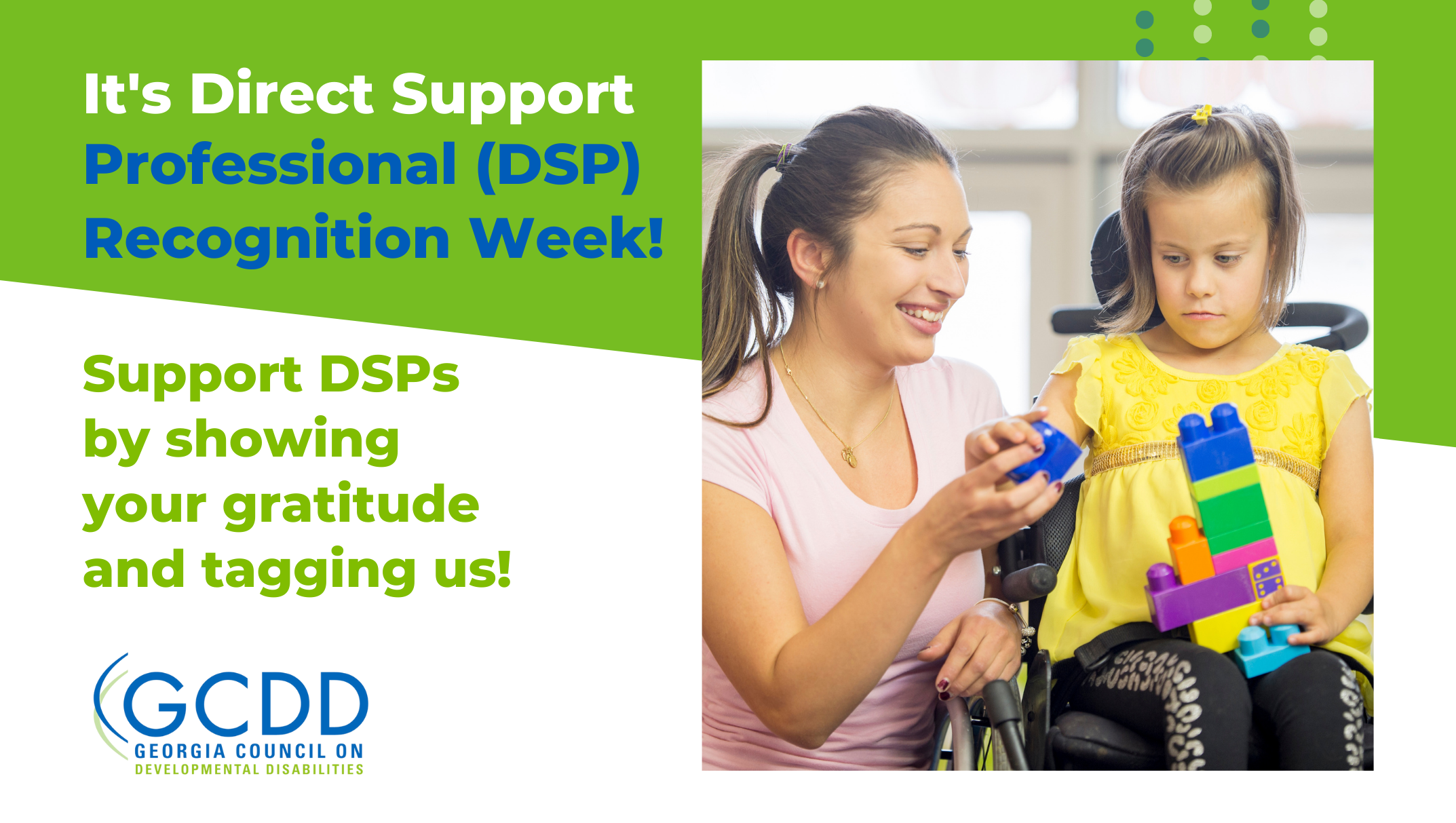 DSP Week graphic with Young woman and child in wheelchair